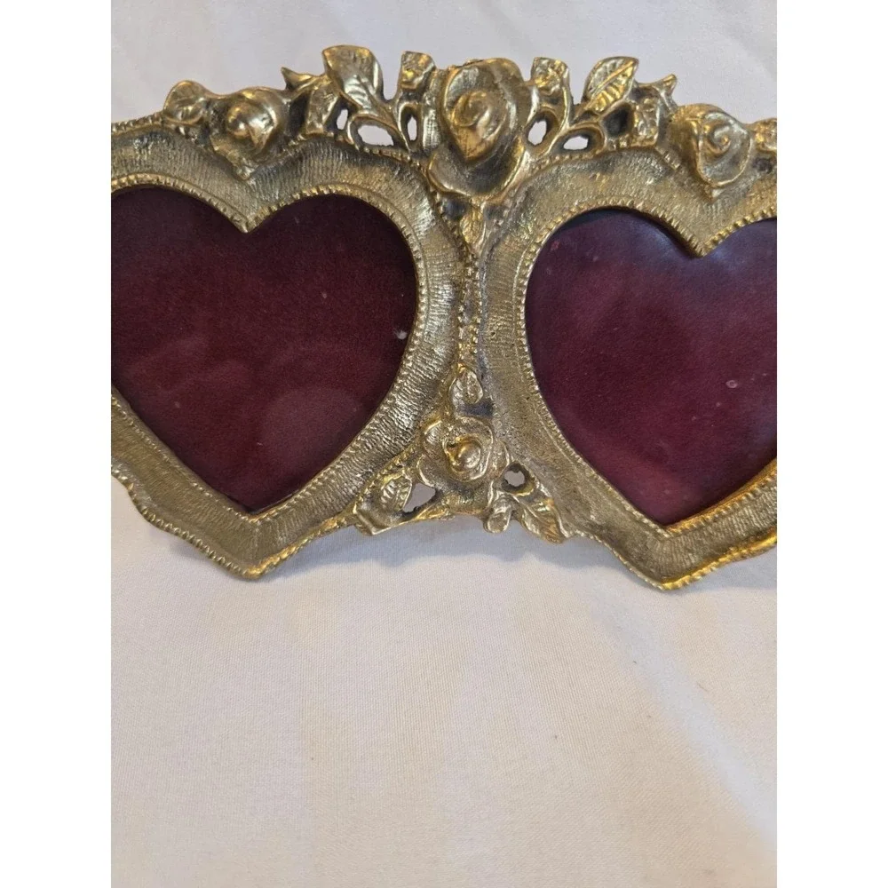 Solid Brass Ornate Double Heart Picture Frame With Roses Decorative Decor